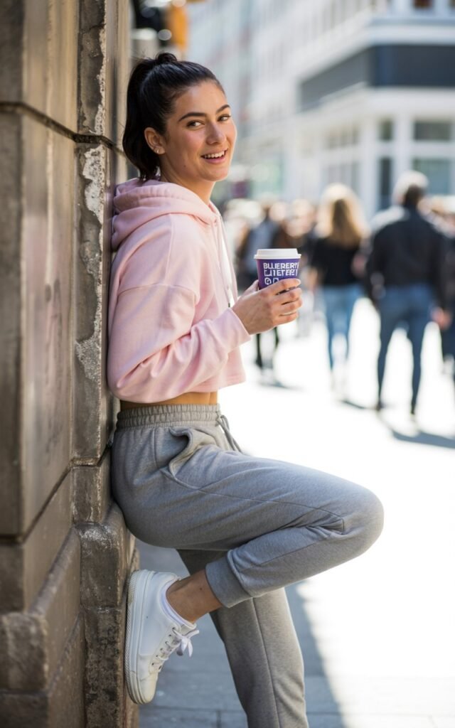 White-skinned female model in a pale pink cropped hoodie and high-waisted grey joggers with white sneakers. She’s leaning playfully against a concrete wall in an urban setting, sipping from a takeaway cup. Natural daylight with sharp shadows. Her hair is styled in a high ponytail, expression fun and candid.
