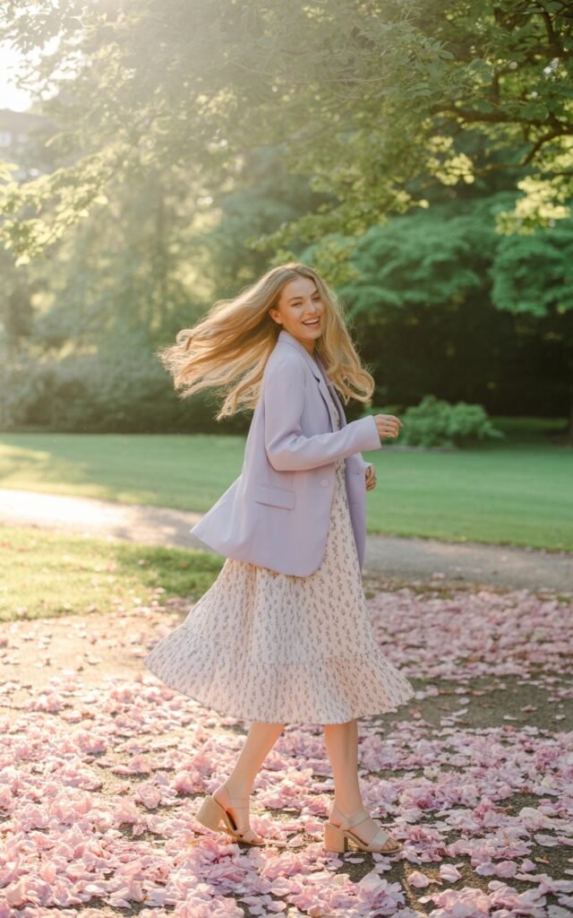 White-skinned female model with long flowing blonde hair, in a pastel lavender blazer, floral midi dress, and nude sandals. Setting blooming park garden. Golden hour sunlight filtering through trees. She’s twirling slightly, candid joy. Feminine and fresh.