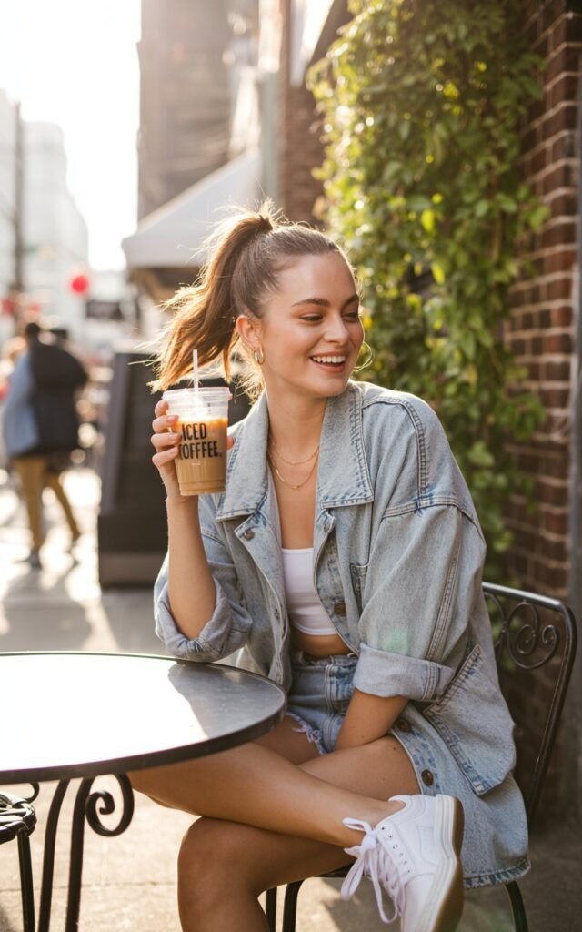 White-skinned female model with loose ponytail, in a light wash denim blazer, white crop top, denim shorts, and white sneakers. Setting casual city café. Golden hour daylight spilling in. She’s sipping iced coffee outdoors, carefree smile. Playful and fresh.