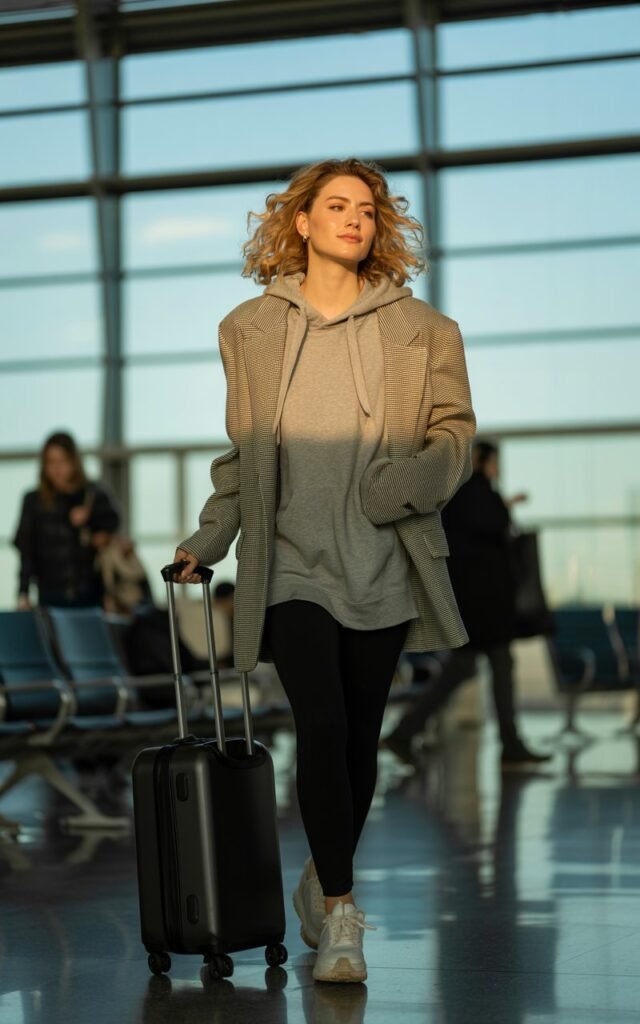 White-skinned female model with loose waves, wearing a gray hoodie layered under an oversized beige blazer, black leggings, and chunky sneakers. Setting airport terminal with glass walls. Natural daylight pouring in. She’s pulling a carry-on suitcase, candid expression. Cozy yet chic.