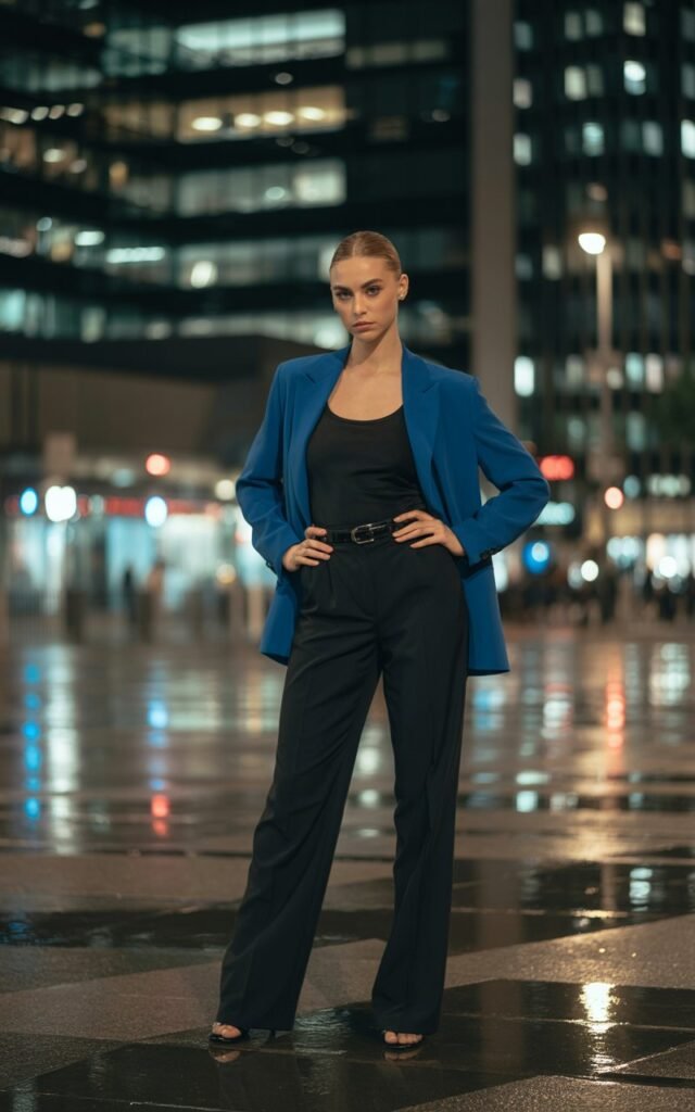 White-skinned female model with sharp jawline, in an all-black outfit (tank, trousers, heels) topped with a cobalt blue blazer. Setting modern city plaza at night. Dramatic city lights. She’s standing powerfully, hands on hips, serious expression. Sleek sophistication.