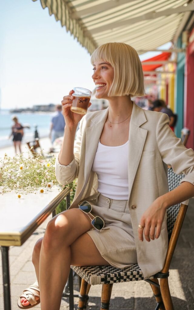 White-skinned female model with short bob, in a beige linen blazer with matching tailored shorts, white tank, and sandals. Setting seaside boardwalk café. Bright natural daylight. She’s seated at an outdoor table with iced coffee, relaxed smile. Breezy summer vibe.