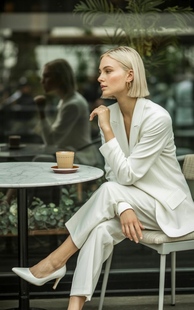 White-skinned female model with sleek bob haircut, wearing a crisp white blazer, white trousers, and white pointed-toe heels. Gold hoop earrings. Full-body shot in a chic café interior with soft indoor window light. She’s seated casually on a chair, legs crossed, with a latte on the table. Polished yet relaxed.