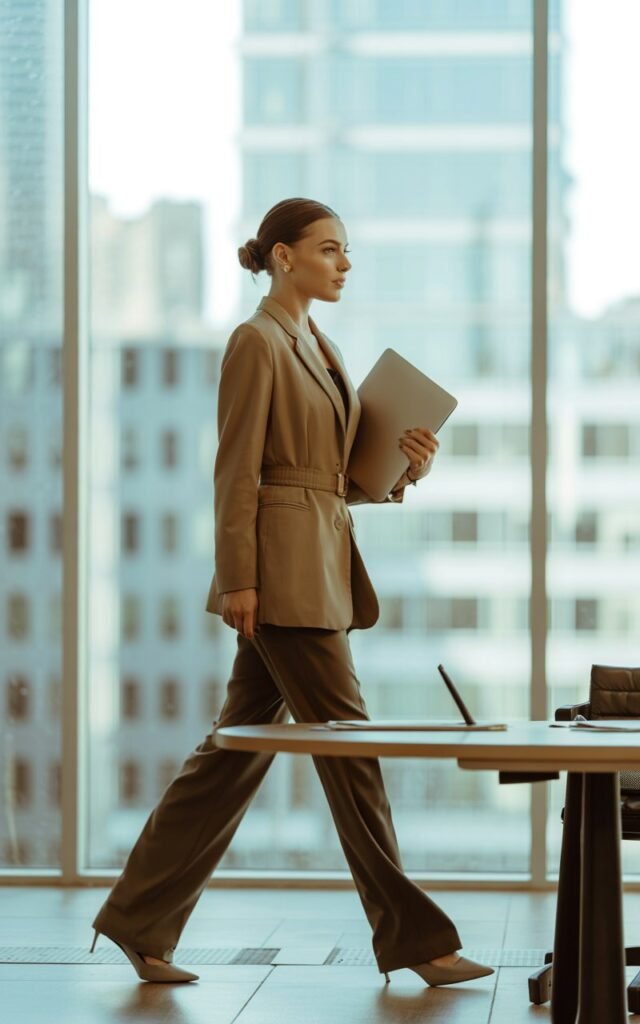 White-skinned female model with sleek bun, in a belted tan blazer, tailored black trousers, and pointed pumps. Setting modern office with floor-to-ceiling windows. Natural daylight. She’s striding confidently with a laptop in one hand. Boss energy.