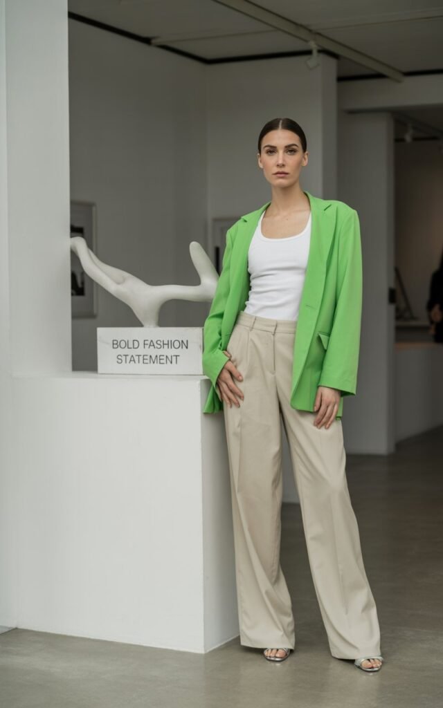 White-skinned female model with sleek straight hair, wearing a neon green blazer, white tank, wide-leg cream trousers, and minimalist heels. Setting modern art gallery with clean walls. Soft overhead lighting. She’s standing tall, hands at her sides, serious expression. Bold fashion statement.