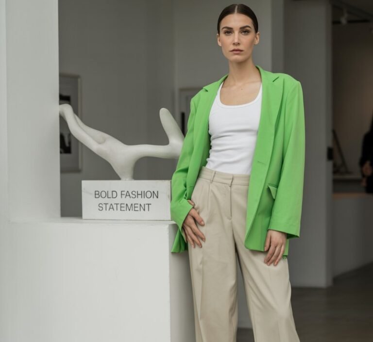 White-skinned female model with sleek straight hair, wearing a neon green blazer, white tank, wide-leg cream trousers, and minimalist heels. Setting modern art gallery with clean walls. Soft overhead lighting. She’s standing tall, hands at her sides, serious expression. Bold fashion statement.