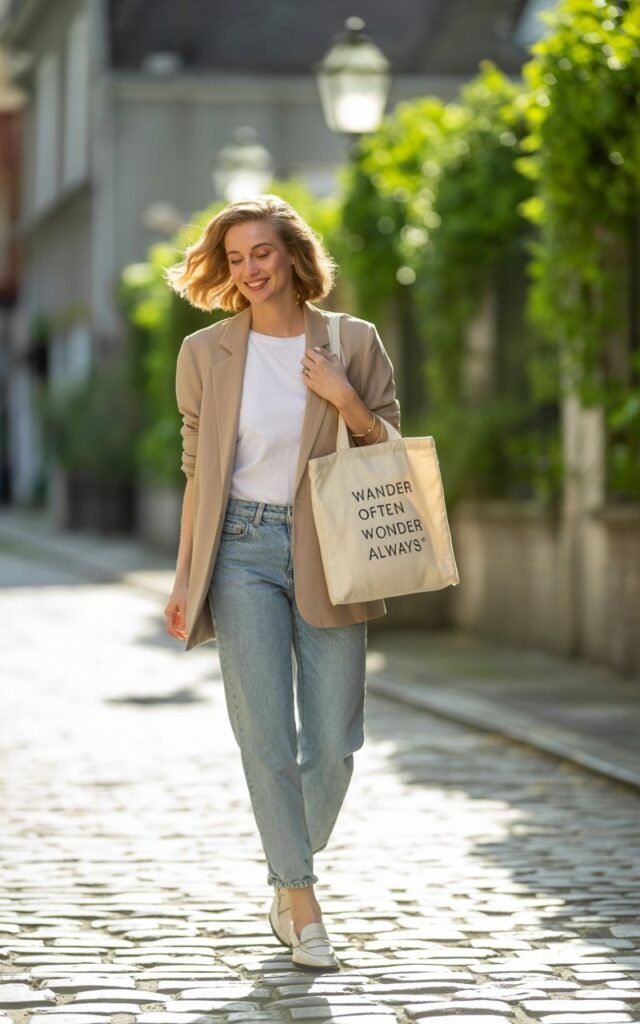 White-skinned female model with soft waves, in a beige blazer, white tee, light wash straight-leg jeans, and loafers. Setting quiet cobblestone street with greenery. Afternoon natural light. She’s walking casually with a tote bag, gentle smile. Understated elegance.