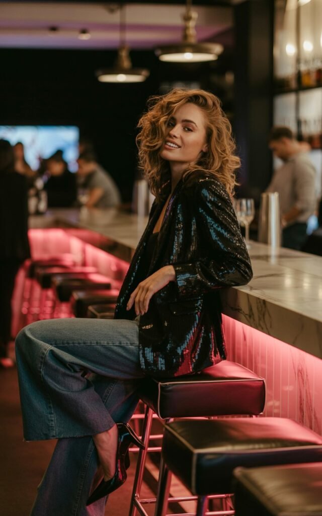 White-skinned female model with tousled curls, wearing a black sequin blazer, wide-leg denim, and pointed heels. Setting trendy cocktail bar interior. Dim, moody lighting with neon accents. She’s leaning on a barstool, playful smirk. Effortless glam.