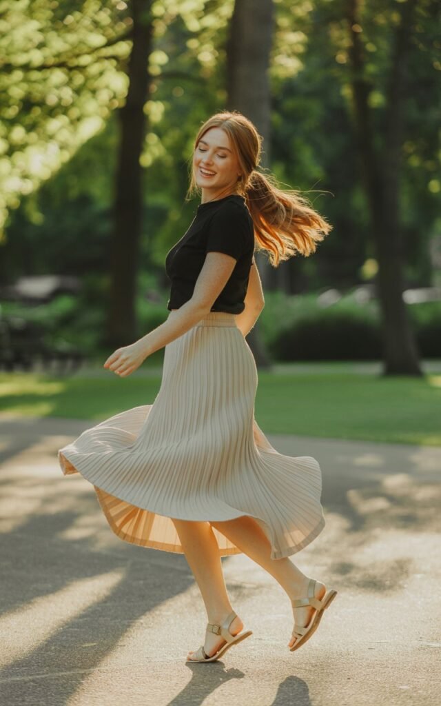White-skinned model with auburn hair in a low ponytail, wearing a pleated cream maxi skirt, fitted black tee, and leather sandals. Shot in a sunny park setting, soft golden light. She’s twirling playfully, smiling mid-motion.