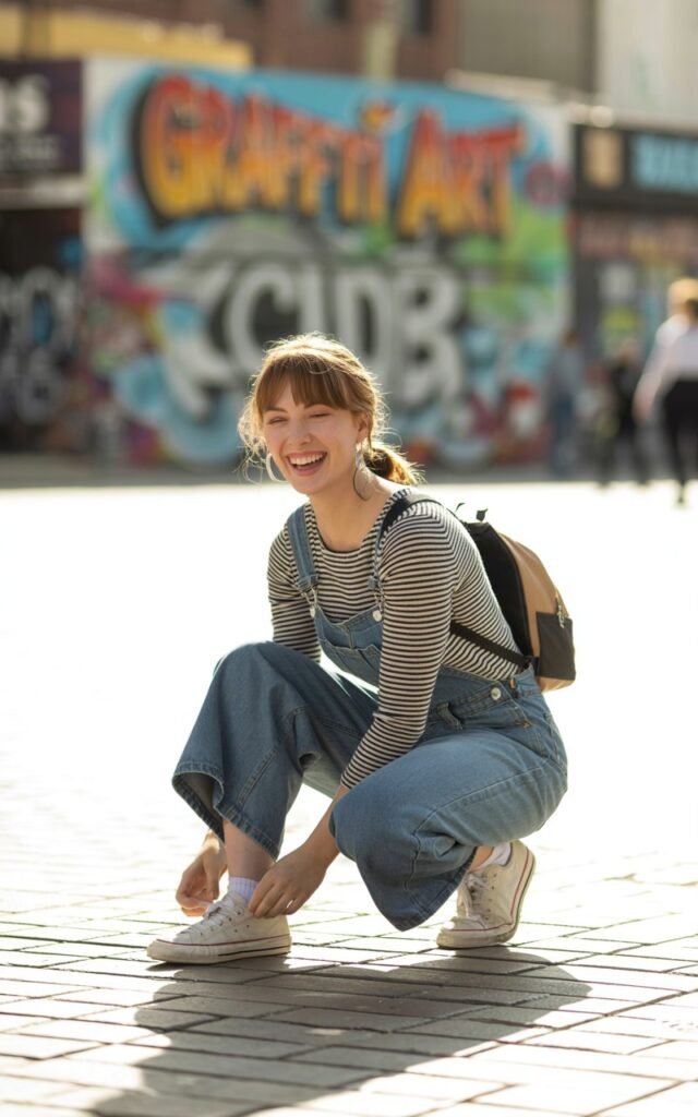 White-skinned model with soft features, messy bun, wearing denim overalls layered over a black-and-white striped top, sneakers, and a small backpack. Urban mural wall as the background, natural daylight. She’s crouched down adjusting her sneaker, candid laugh, casual vibe.