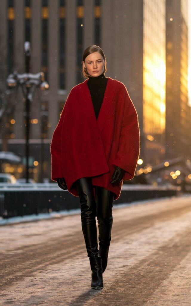 Winter city street. Model in an oversized red wool coat over a black turtleneck, black leather leggings, and black ankle boots. Sleek hair tucked behind ears. Snow lightly falling, golden hour glow bouncing off buildings. She walks confidently toward the camera.