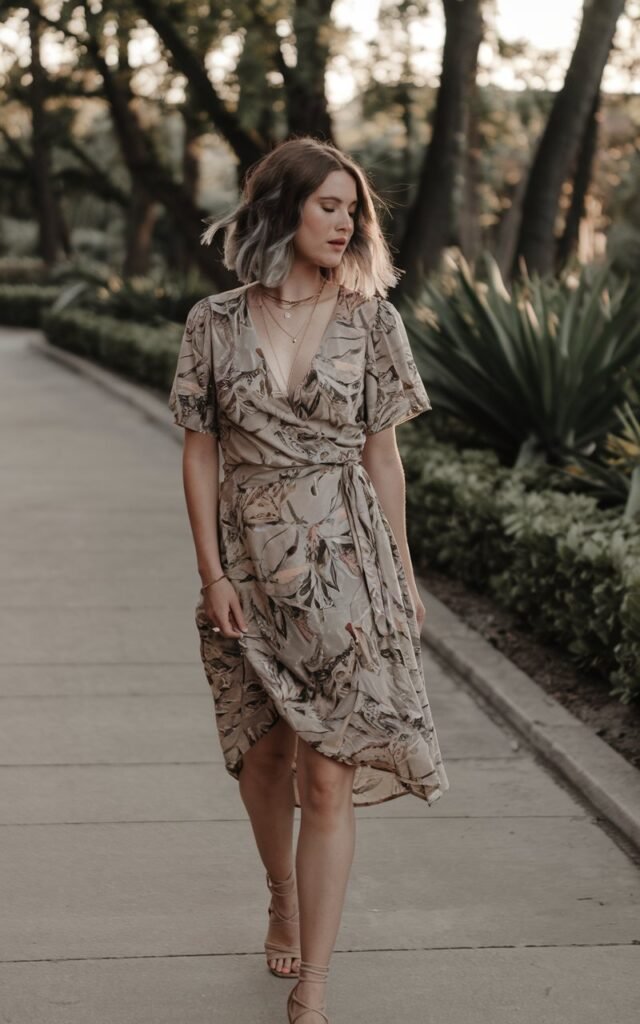 Botanical garden walkway. Model wears a printed wrap dress with strappy sandals, layered minimalist gold necklaces. Hair styled in natural waves. Golden hour light filtering through trees. She strolls with one hand holding her dress lightly, dreamy expression.
