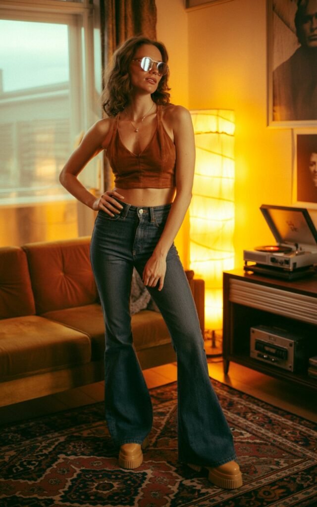 A 70s-inspired indoor set with warm, moody lighting. The model wears brown suede crop top, high-waisted bell-bottom jeans, platform boots, and oversized sunglasses. She poses confidently with one hand on her hip, radiating vintage glam.