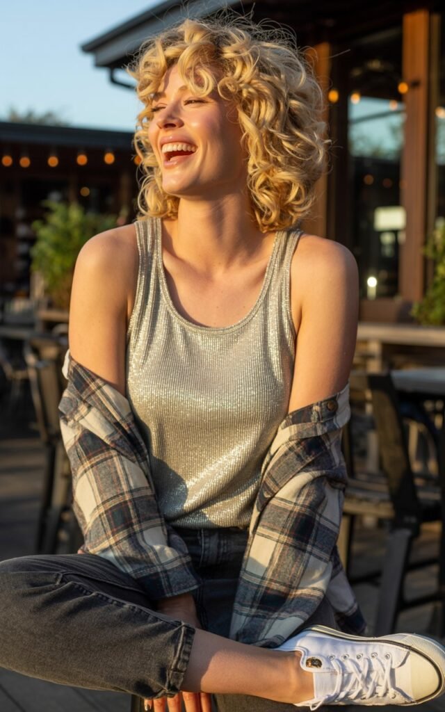 A blonde model with soft curls poses outside a casual bar patio. She wears a silver shimmery tank top, unbuttoned plaid overshirt, and dark jeans with sneakers. Golden hour lighting adds a warm casual vibe. She’s laughing mid-conversation, natural and carefree.