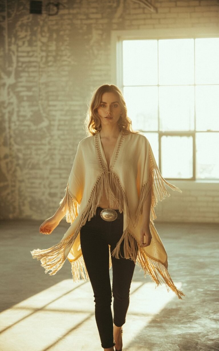 A boho-inspired indoor studio with soft warm lighting. The model wears a cream fringe kimono, black skinny jeans, heeled boots, and a concho belt. She’s caught mid-step with fringe in motion, looking effortlessly elegant and free-spirited.