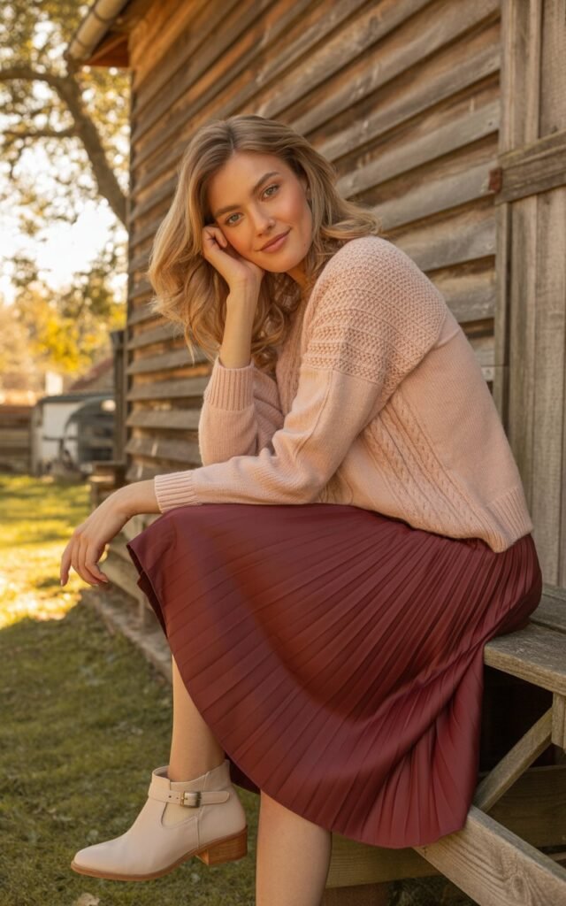 A chic woman in a blush knit sweater, burgundy pleated skirt, and cream ankle boots poses near a rustic barn. Warm afternoon light enhances the color harmony. Her hair is in soft waves, and she has a gentle, confident half-smile.