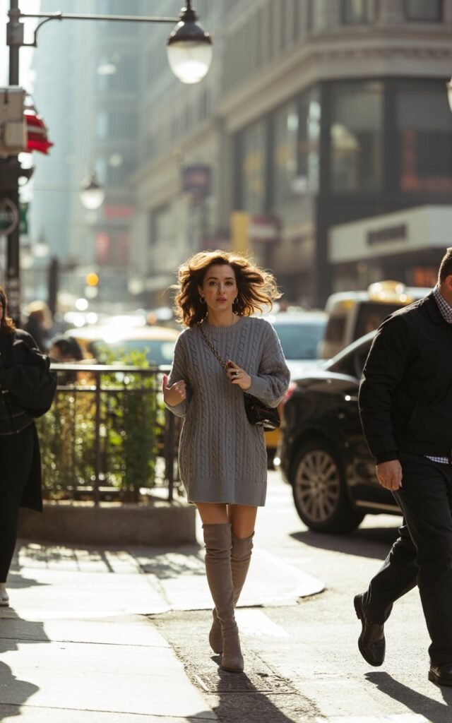 A city street scene with natural daylight. The model wears a gray cable-knit sweater dress with taupe OTK boots and a small crossbody bag. Her long, tousled curls blow in the wind as she walks mid-step. The overall feel is chic, urban, and effortless.