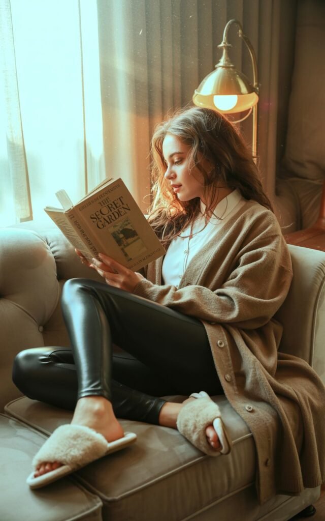 A cozy indoor living room setup with warm lamp light. The model lounges on a sofa wearing an oversized beige cardigan, black faux leather leggings, and fuzzy slippers. Her hair is in loose curls, makeup minimal. She’s glancing down at a book, giving candid lifestyle vibes.