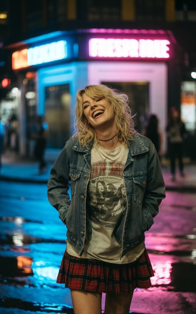 A fair-skinned blonde with tousled waves wears a vintage graphic tee under a black leather jacket and plaid mini skirt. She stands near a dimly lit concert venue with neon signage. The atmosphere is edgy and cool. She’s mid-laugh, hand in her jacket pocket, embodying rocker-chic energy.