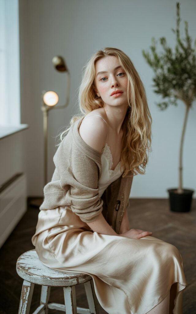 A fair-skinned blonde woman with wavy hair poses in a softly lit indoor studio. She wears a champagne silk slip skirt, white camisole, and oversized beige cardigan. Barely-there makeup enhances her natural beauty. She sits on a stool, crossing her legs gracefully with a calm expression.
