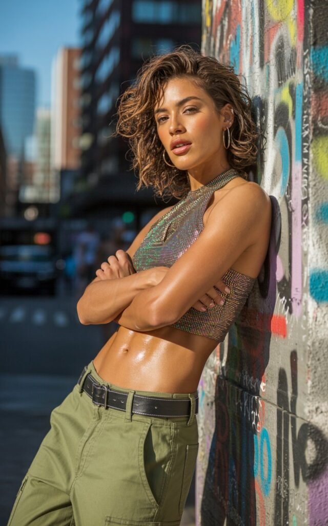 A fit brunette model with beachy waves poses outdoors against an urban wall with graffiti art. She wears a metallic halter top and loose olive cargo pants with a chunky belt. Golden hour lighting adds warmth to her bronzed skin. She leans back with arms crossed, giving a fierce yet relaxed vibe.