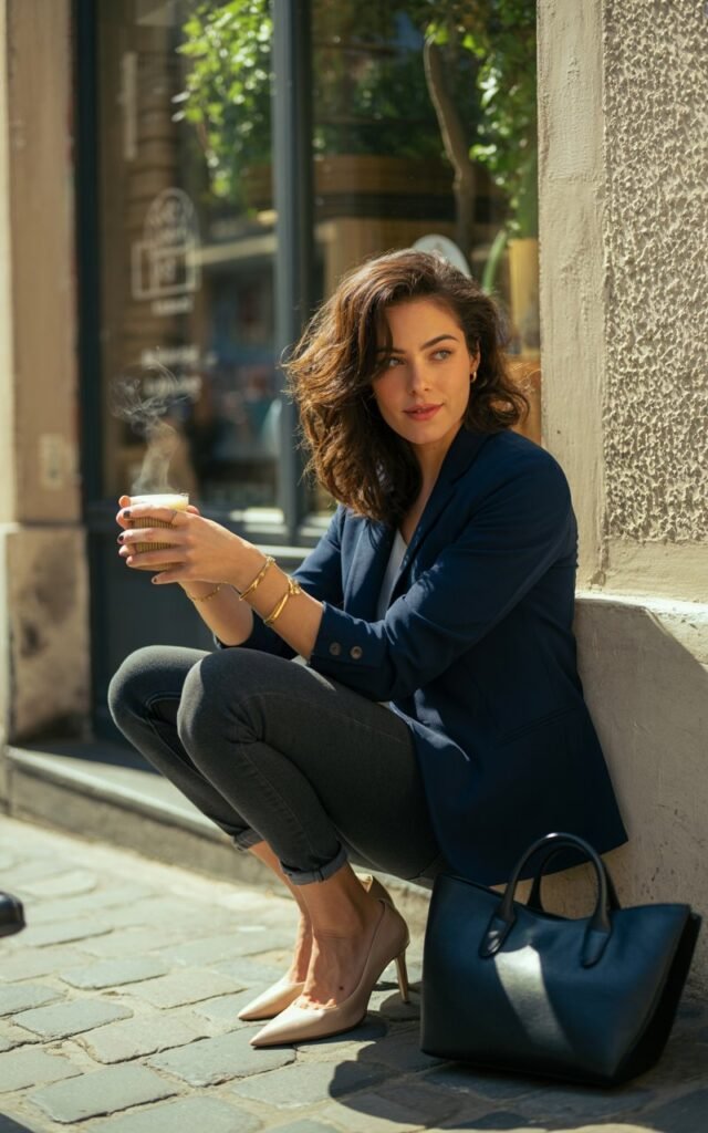 A fit brunette woman with tousled waves leans casually against a city café wall. She wears dark skinny jeans, a fitted navy blazer, and nude stilettos. Sunlight casts a gentle glow across her face. She holds a coffee cup, smiling naturally at something off-camera.