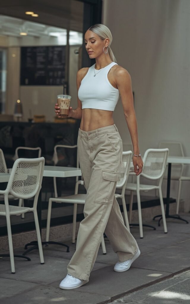 A fit white-skinned model with sleek blonde hair in a middle part walks past a minimalist café. She wears a white ribbed tank, khaki low-rise cargo pants, white sneakers, and silver hoop earrings. Natural daylight with soft shadows. She’s holding an iced coffee, looking off to the side with a calm, cool expression.