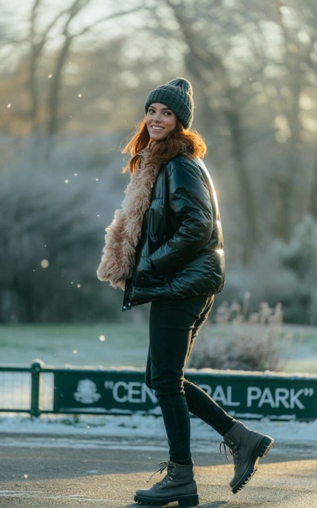 A full-body outdoor shot of a woman walking on a frosty park path under natural morning light. She’s wearing a glossy black puffer jacket, a beige faux fur scarf, skinny jeans, and lace-up boots. Her hair peeks from under a knitted beanie, and her expression is cheerful and candid as she looks over her shoulder.