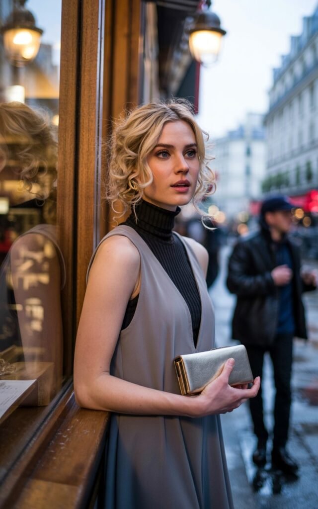 A full-body photo of a fit blonde woman with soft curls, standing by a café window. She wears a ribbed black turtleneck layered under a gray sleeveless midi dress, paired with black ankle boots. Soft indoor window light highlights her natural glow. She looks out the window thoughtfully, holding a small leather clutch.