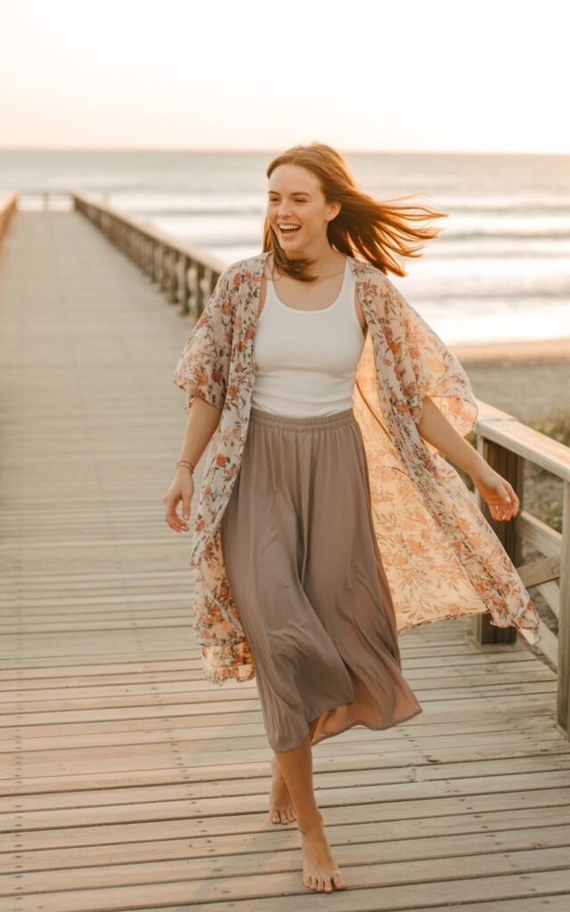 A full-body shot at a beachside boardwalk during soft sunset light. The model wears a flowing floral kimono over a white tank and taupe midi skirt. Her hair is wind-tousled, and she walks barefoot, laughing naturally. The kimono flutters beautifully in the breeze.