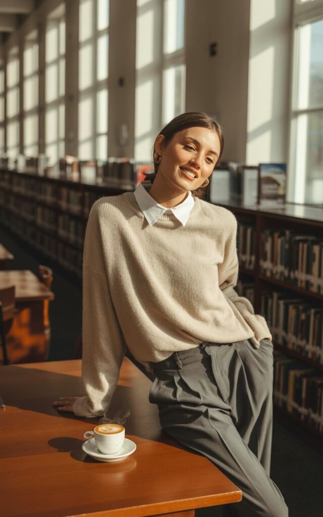 A full-body shot in a cozy indoor setting — perhaps a school library. The model wears a cream knit sweater layered over a crisp white collared shirt, paired with charcoal trousers. Natural window light creates a soft glow. She’s leaning against a wooden table with a coffee cup beside her. Expression approachable and content.