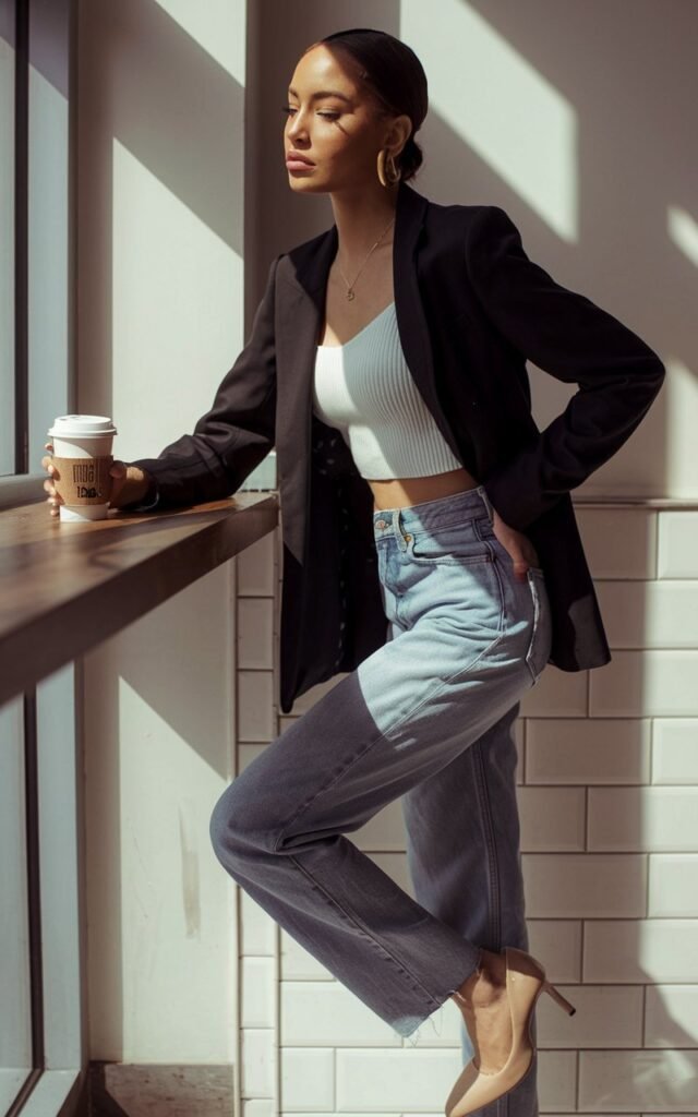 A full-body shot of a chic woman in an urban café setting. She wears a fitted black blazer over a white ribbed tank and straight-leg jeans, paired with nude heels and gold hoop earrings. Natural indoor window light casts soft shadows on her face. She’s leaning slightly on a counter, holding a coffee cup with a poised, self-assured expression.