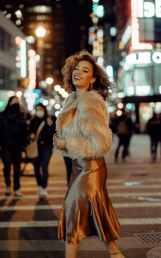 A glamorous city night scene lit by warm streetlights. She’s wearing a cream faux fur coat over a bronze satin midi skirt with strappy heels. Her makeup glows under the light, and her hair is styled in big soft curls. She’s turning slightly toward the camera, mid-laugh.