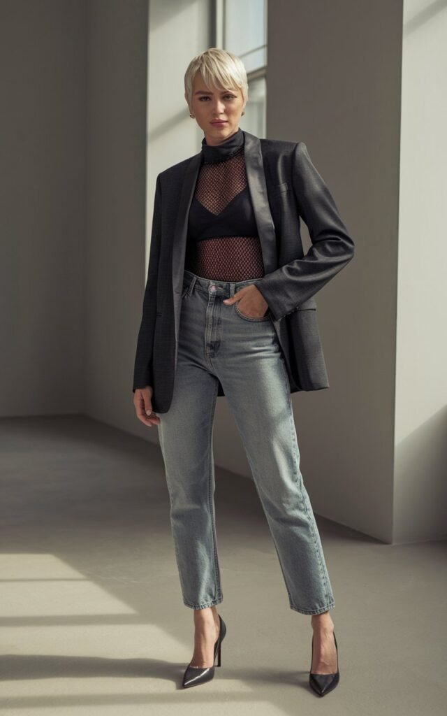 A model with short blonde hair poses in a minimalist indoor studio with soft window light. She wears a black mesh turtleneck under a fitted gray blazer, high-waisted jeans, and pointed heels. The sheer texture subtly catches the light. She stands with one hand in pocket, giving a confident, composed expression.
