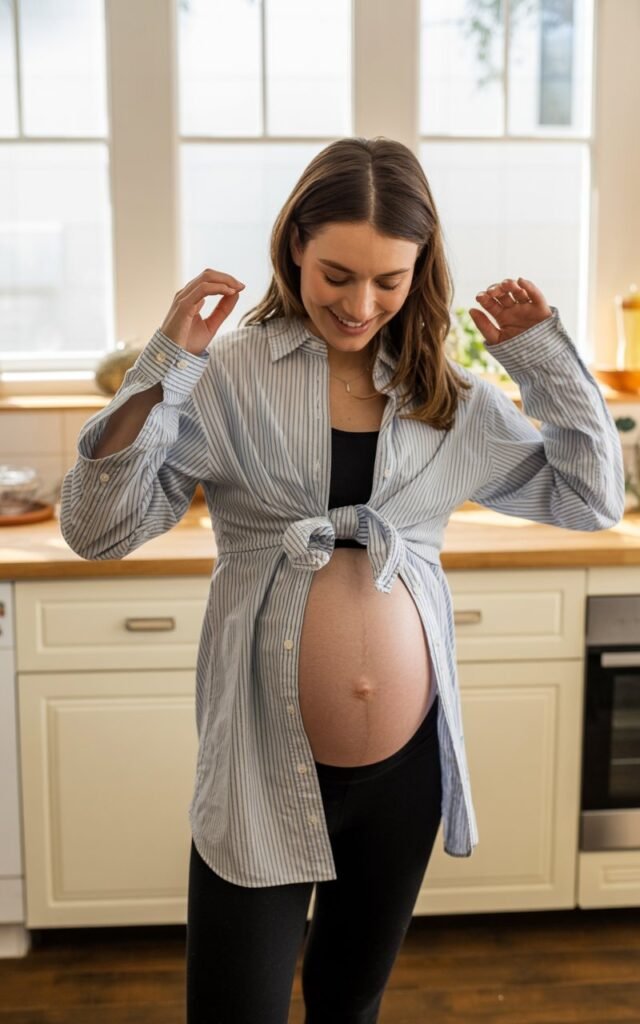 A pregnant woman wearing an oversized striped button-up shirt tied above her bump, paired with black leggings. Standing in a bright kitchen, morning sunlight streaming through windows. Casual, fresh, smiling as she adjusts her sleeves.