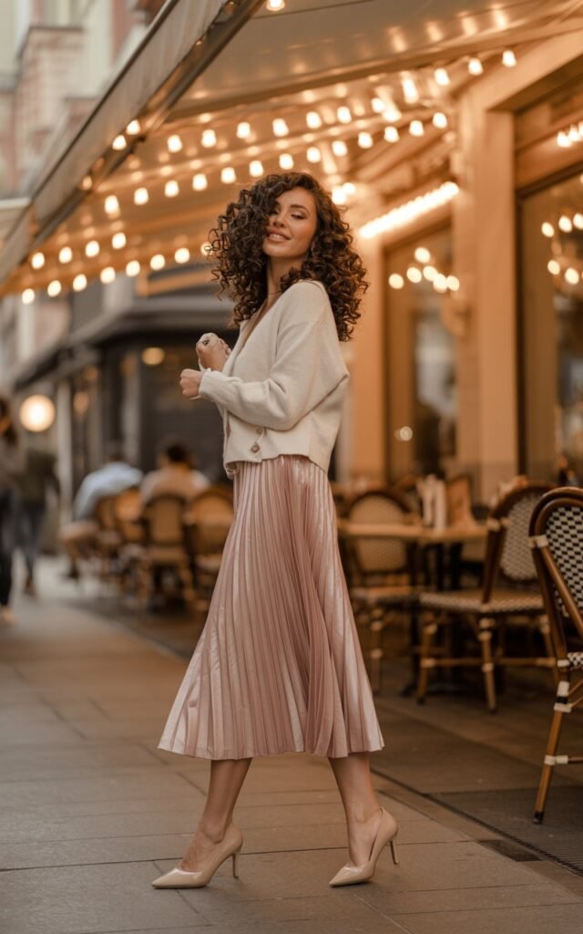 A slim brunette with glossy curls, wearing a blush-pink pleated midi skirt, paired with a cropped cream cardigan and nude pumps. She’s standing under string lights at an outdoor café at golden hour. Graceful stance, soft dreamy smile.