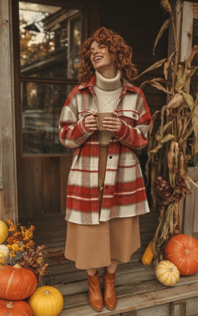 A stylish model wears a red-and-cream plaid overshirt, cream turtleneck, and tan skirt with brown ankle boots. She poses on a wooden porch with pumpkins around her. Warm, diffused daylight creates a cozy fall feel. Her hair is loosely curled, and she gives a playful smirk while holding a coffee cup.