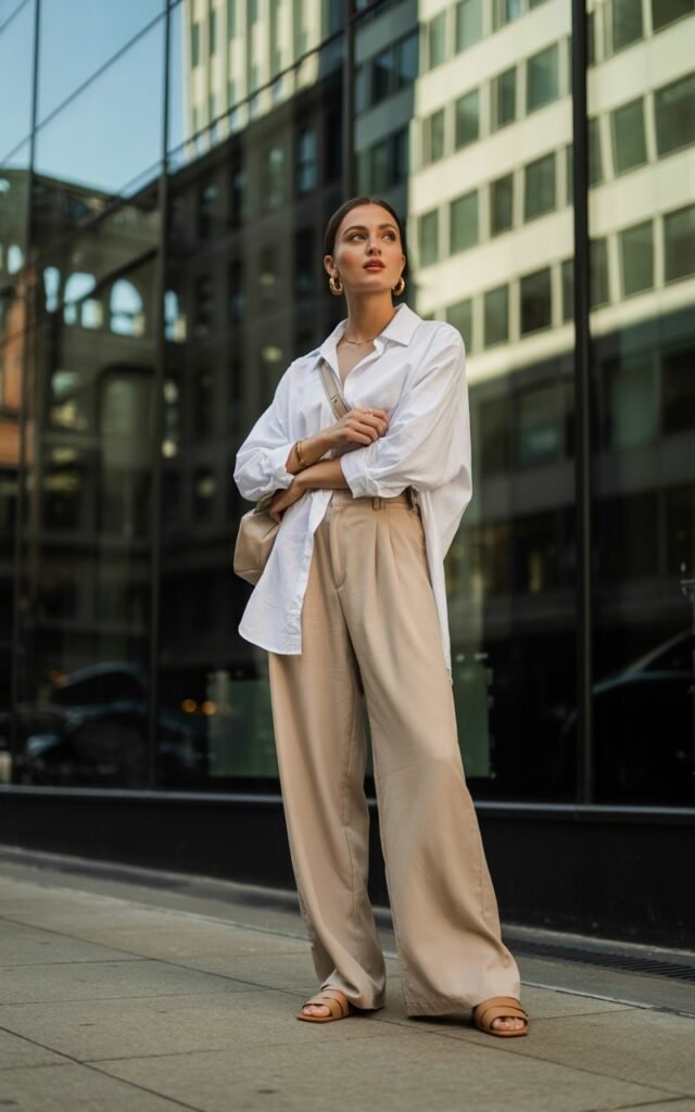 A stylish woman stands on a sunny urban sidewalk, wearing a crisp white boxy linen shirt tucked loosely into beige wide-leg trousers. She accessorizes with tan slides, gold hoops, and a crossbody bag. Her sleek hair is tied in a low bun, and she gazes confidently into the distance. Natural daylight reflects off glass windows behind her.