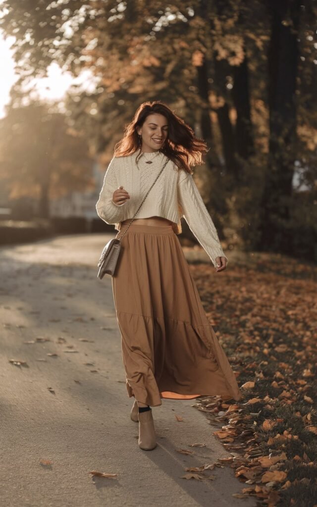 A stylish woman walking along a leafy autumn park path, wearing a cream cropped knit sweater and a tan flowy maxi skirt. She pairs it with ankle boots and a crossbody bag. Her wavy chestnut hair flows naturally in the breeze, and the golden hour light adds a cozy, dreamy vibe. Full-body composition with leaves scattered around.
