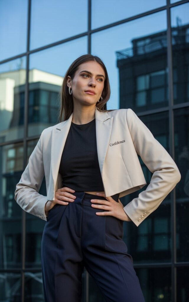 A tall brunette woman poses against a glass office building. She wears a cropped cream blazer over a fitted black top and high-waisted navy trousers. Pointed heels complete the look. Natural daylight reflects off the glass, giving the shot a sleek, modern feel. Her hands rest confidently on her hips.