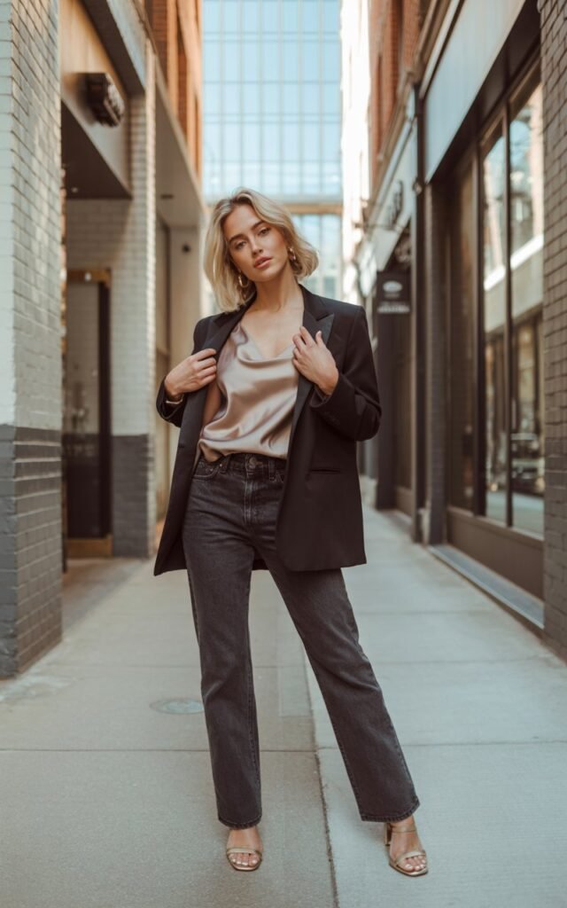 A tall, fit blonde model poses in a downtown alleyway with a modern café backdrop. She wears a champagne satin camisole under a charcoal oversized blazer, straight-leg jeans, and strappy nude heels. Natural daylight with soft shadows. Her expression is poised yet relaxed, one hand adjusting her blazer lapel.