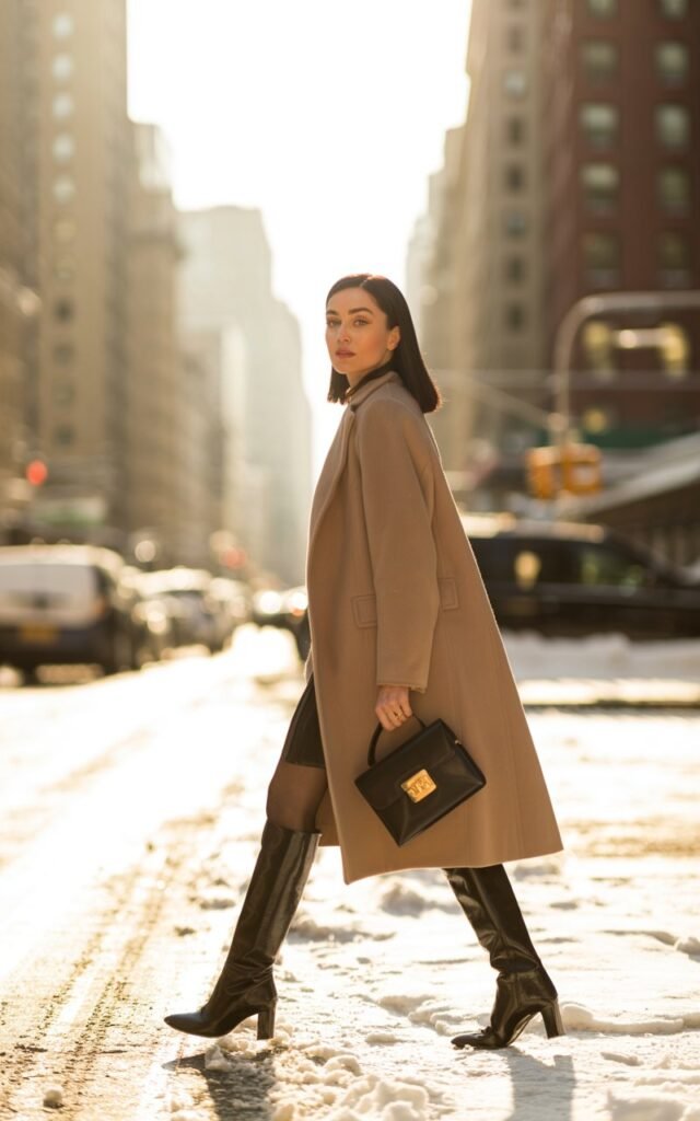 A tall model walks confidently along a snowy New York street at golden hour. She wears a beige wool coat, black knee-high leather boots, and carries a structured handbag. Her hair is sleek and straight, and her makeup is soft matte. The street glows behind her, giving movie-scene energy.