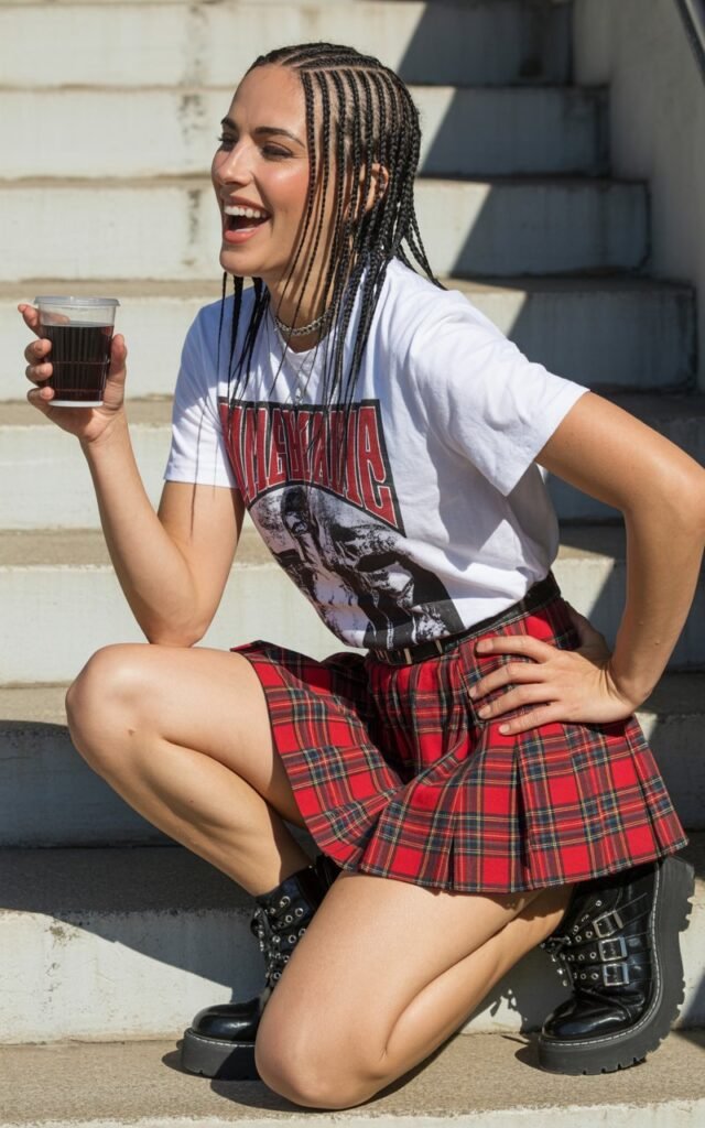A white female model with straight jet-black hair styled with mini braids. She’s wearing a bold graphic tee tucked into a plaid pleated mini skirt and black combat boots. Shot on an outdoor staircase at midday with natural light and sharp shadows. She’s mid-laugh, holding a soda cup, giving a playful pop-punk energy.