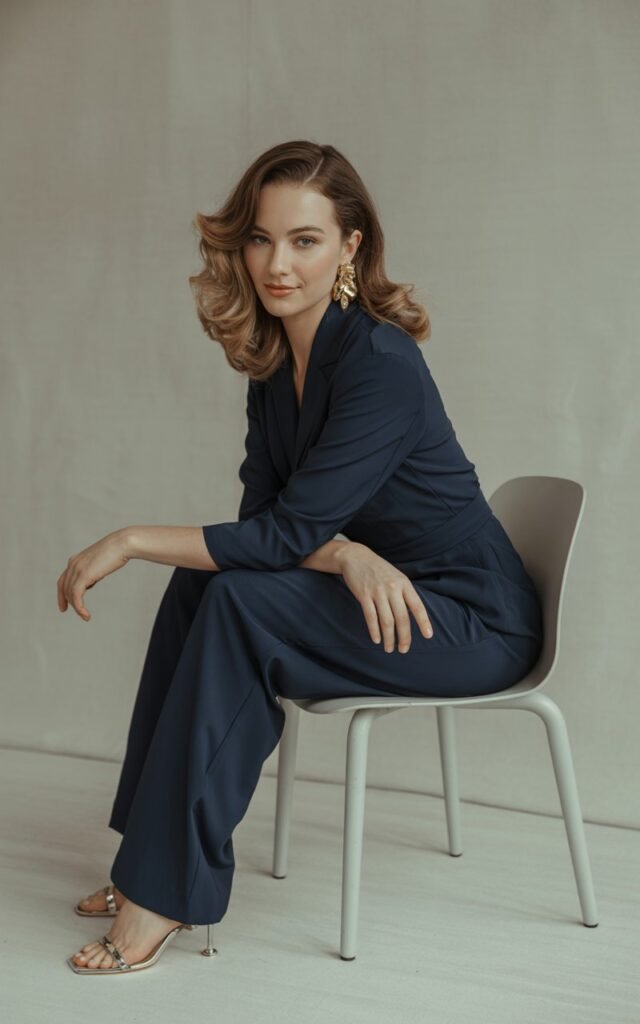 A white-skinned brunette with soft waves poses in a chic studio with neutral tones. She wears a navy tailored jumpsuit with a cinched waist, paired with gold statement earrings and strappy heels. Gentle studio lighting highlights the outfit’s structure. Her stance is relaxed yet poised.
