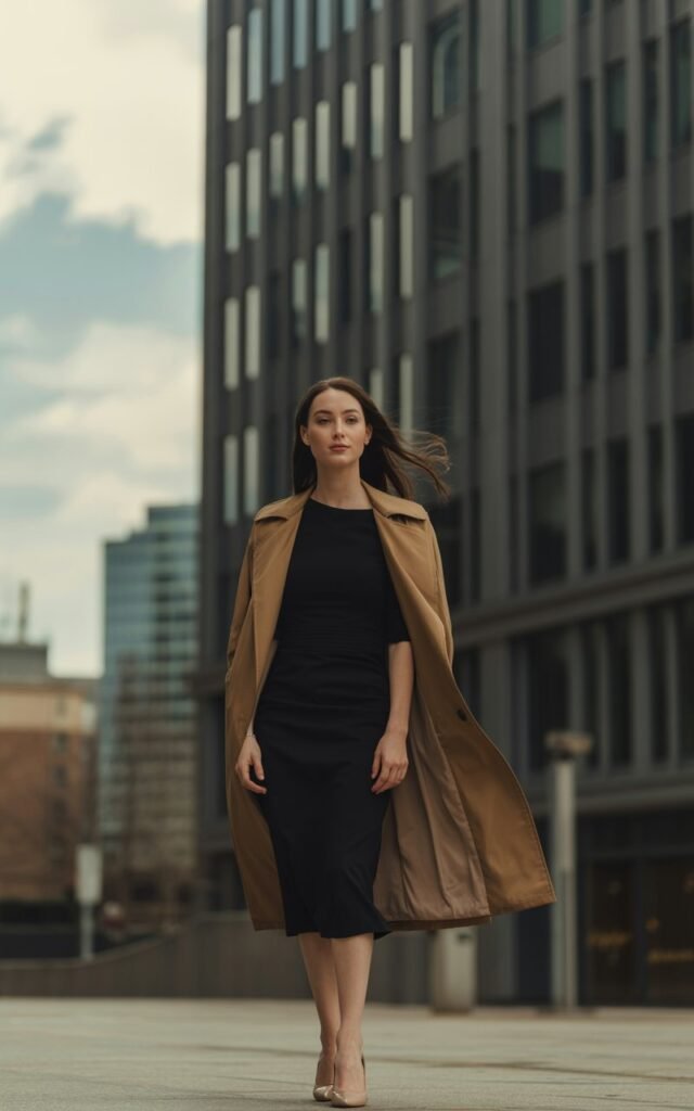 A white-skinned brunette woman stands in front of an urban office building. She wears a tan trench coat draped over a black fitted midi dress with nude pumps. Wind catches her hair softly. Natural daylight with subtle overcast tones adds an editorial edge. Her gaze is direct, calm, and powerful.