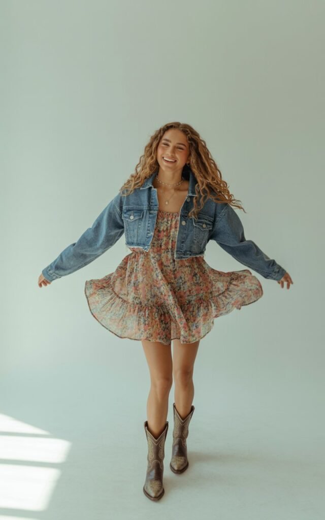 A white-skinned female model in a studio with soft white lighting twirls slightly in a flowy floral mini dress topped with a cropped denim jacket. She wears cowboy boots and layered necklaces. Her expression is playful and free, capturing the mix of rugged and feminine style.