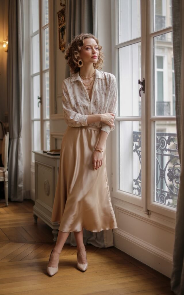 A white-skinned female model stands in a softly lit Parisian-style apartment near a window, wearing a cream lace blouse tucked into a champagne satin midi skirt. She wears gold jewelry, soft curls, and nude heels. The setting glows with natural indoor light; she’s gazing out the window thoughtfully.