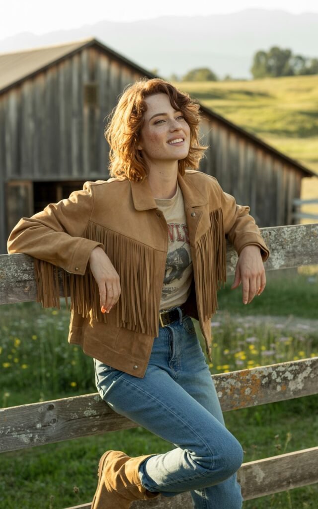 A white-skinned female model with shoulder-length wavy hair poses in front of a rustic wooden barn during golden hour. She wears a tan suede fringe jacket over a vintage graphic tee, high-waisted blue jeans, and suede boots. She leans slightly against a fence, smiling candidly, sunlight catching the fringe in motion.