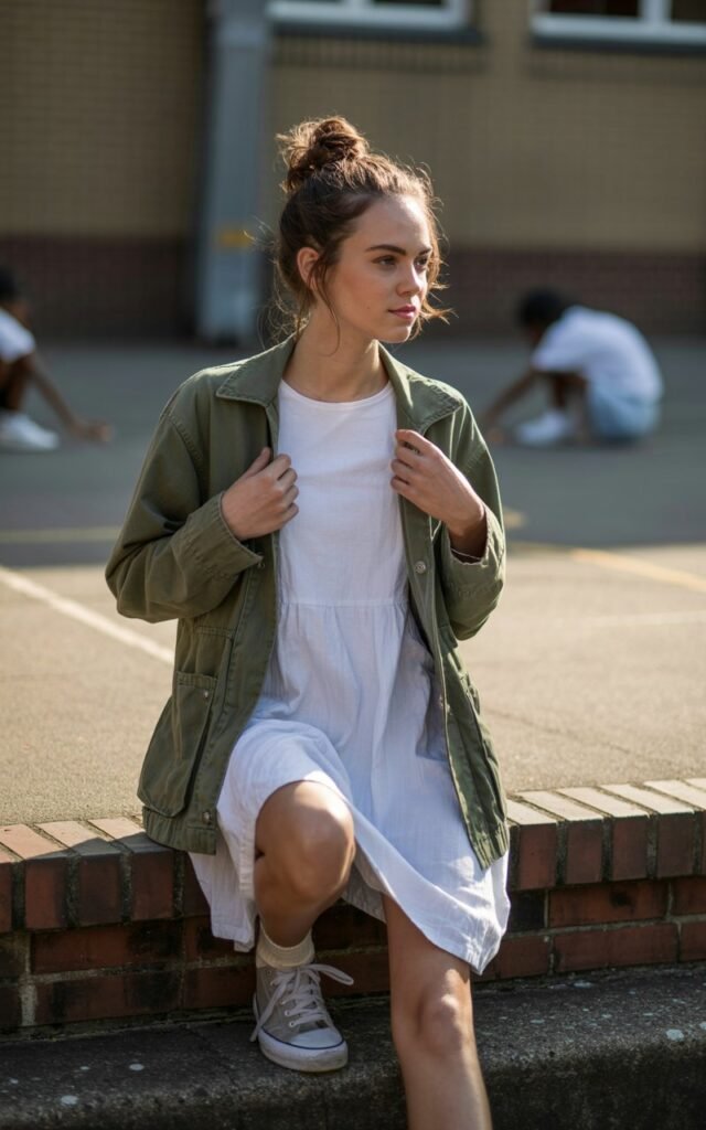 A white-skinned model with messy bun, wearing a khaki green utility jacket layered over a simple white cotton dress and sneakers. Setting schoolyard steps in afternoon light. Relaxed candid pose, adjusting her jacket sleeve. Editorially raw with visible texture.