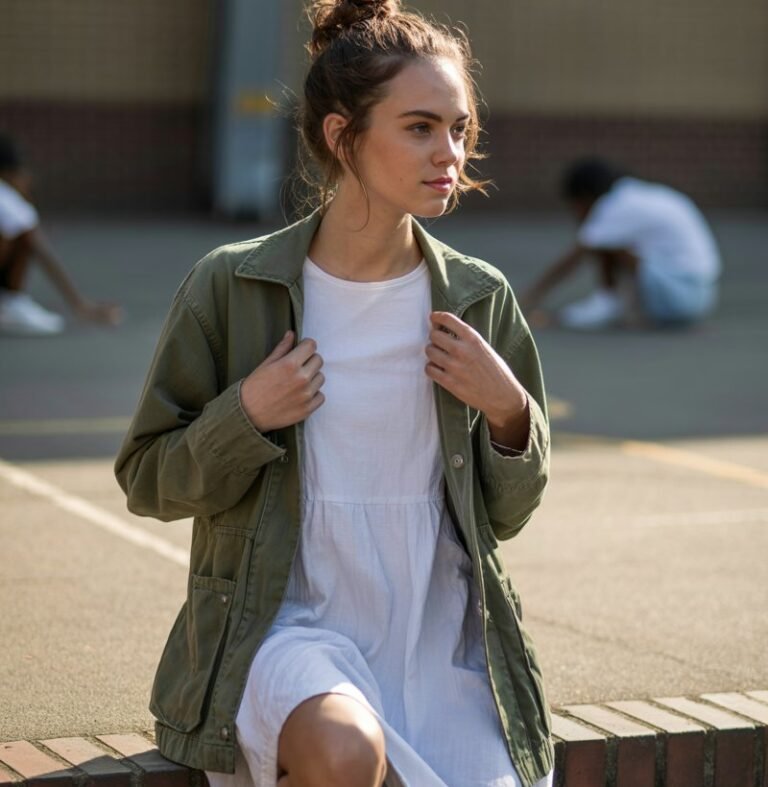 A white-skinned model with messy bun, wearing a khaki green utility jacket layered over a simple white cotton dress and sneakers. Setting schoolyard steps in afternoon light. Relaxed candid pose, adjusting her jacket sleeve. Editorially raw with visible texture.